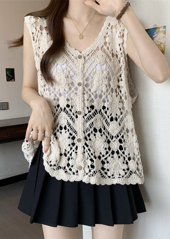 Chic Apricot V Neck Hollow Out Knit Vest Sleeveless