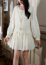 Chic Apricot Wrinkled Lace Up Silk Cotton Mini Dress Fall