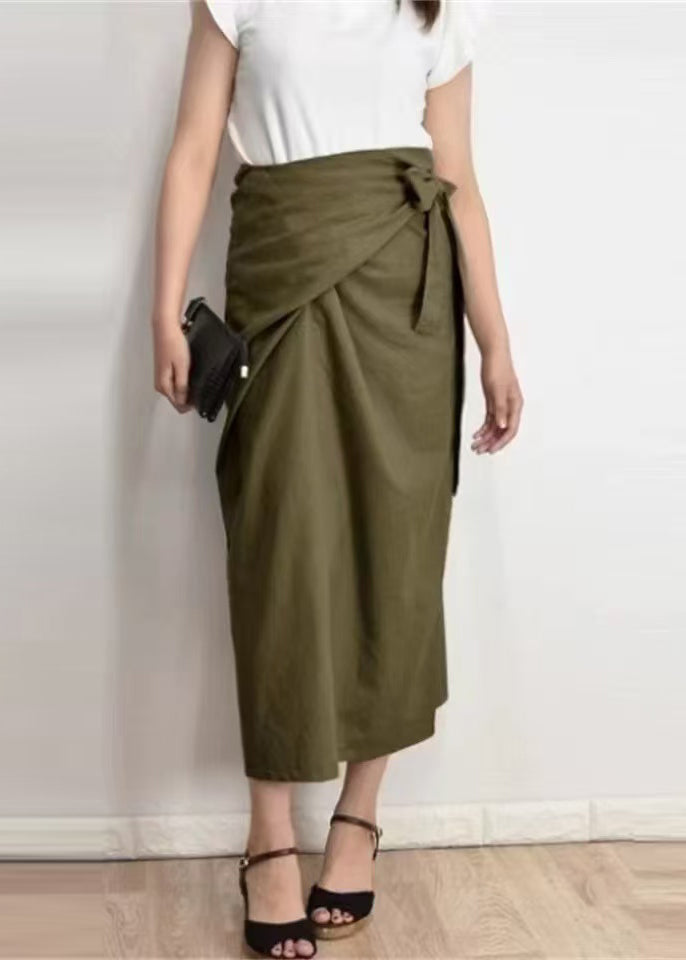 Chic Army Green Asymmetrical Linen Skirts Summer