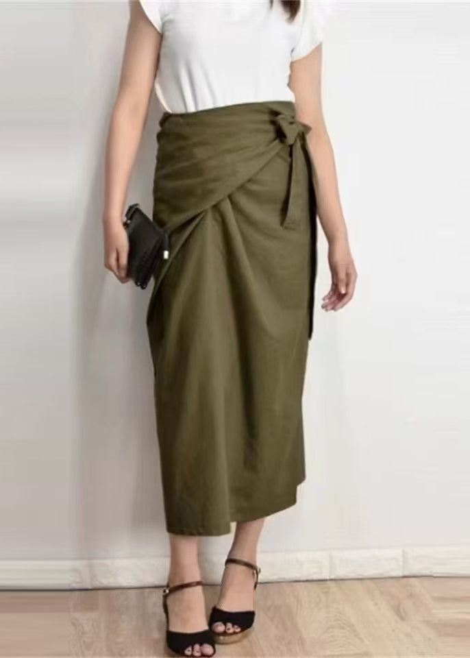 Chic Army Green Asymmetrical Linen Skirts Summer