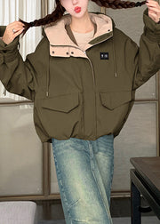 Chic Army Green Hooded Patchwork Fine Cotton Filled Parkas Winter