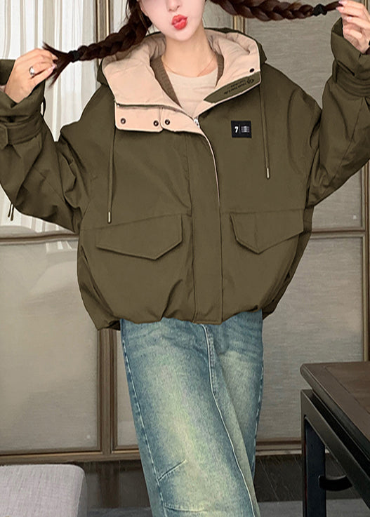 Chic Army Green Hooded Patchwork Fine Cotton Filled Parkas Winter