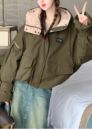 Chic Army Green Hooded Patchwork Fine Cotton Filled Parkas Winter
