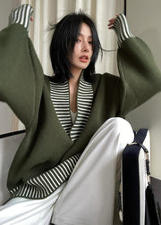 Chic Army Green V Neck Striped Patchwork Knit Sweater Fall