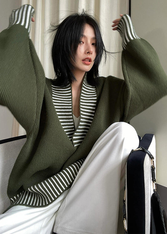 Chic Army Green V Neck Striped Patchwork Knit Sweater Fall