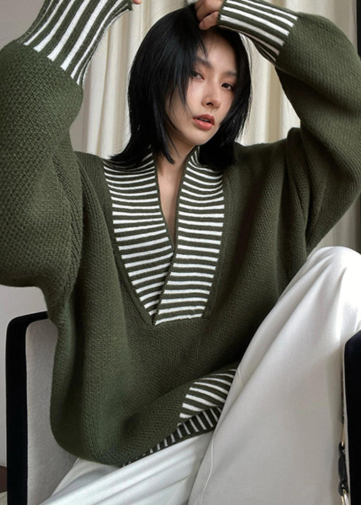 Chic Army Green V Neck Striped Patchwork Knit Sweater Fall
