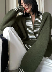 Chic Army Green V Neck Striped Patchwork Knit Sweater Fall