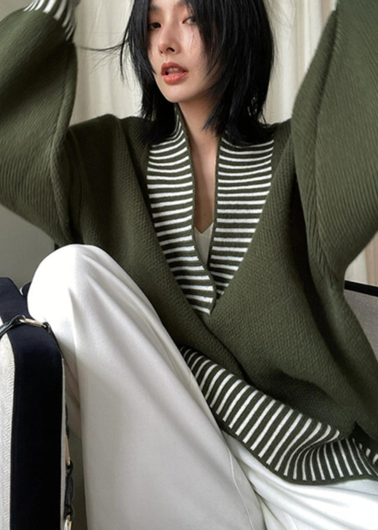 Chic Army Green V Neck Striped Patchwork Knit Sweater Fall