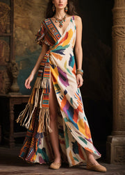 Chic Asymmetrical Design Tasseled Chiffon Ankle Dress Summer