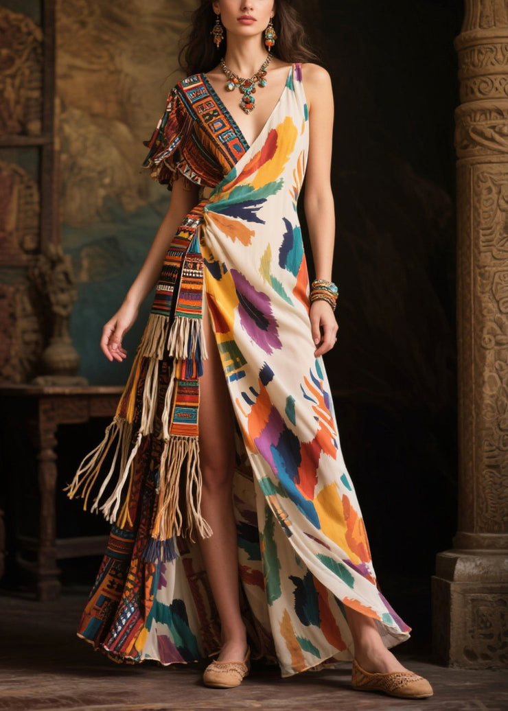 Chic Asymmetrical Design Tasseled Chiffon Ankle Dress Summer