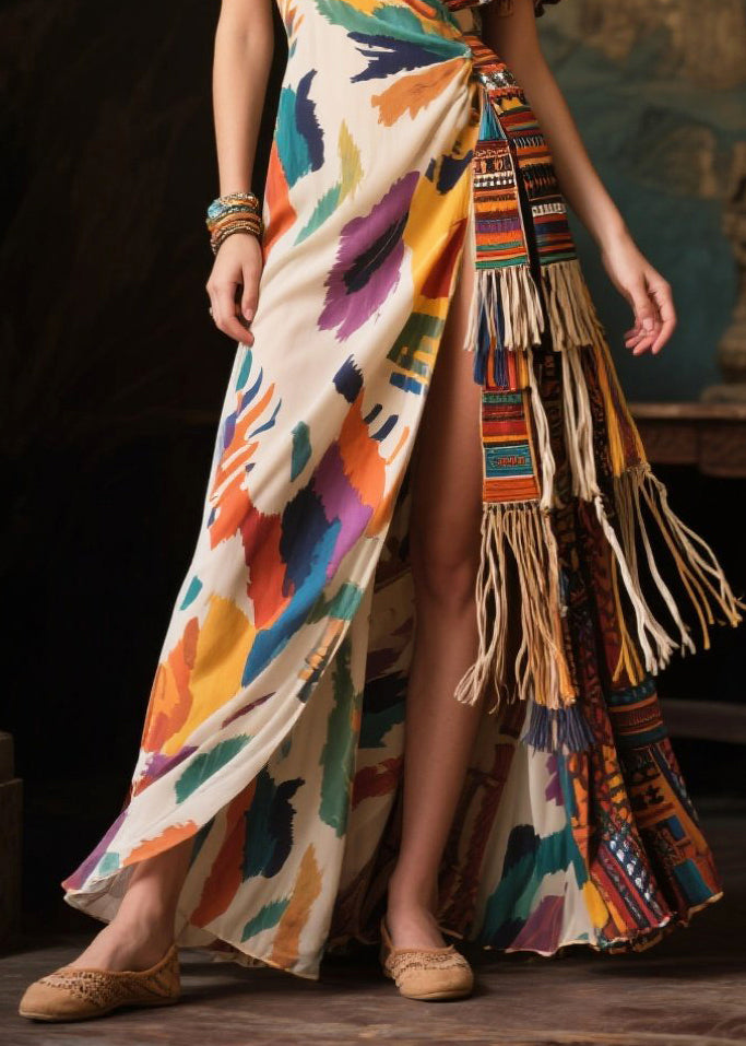Chic Asymmetrical Design Tasseled Chiffon Ankle Dress Summer