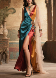 Chic Asymmetrical Patchwork Tulle Side Open Silk Long Dress Summer