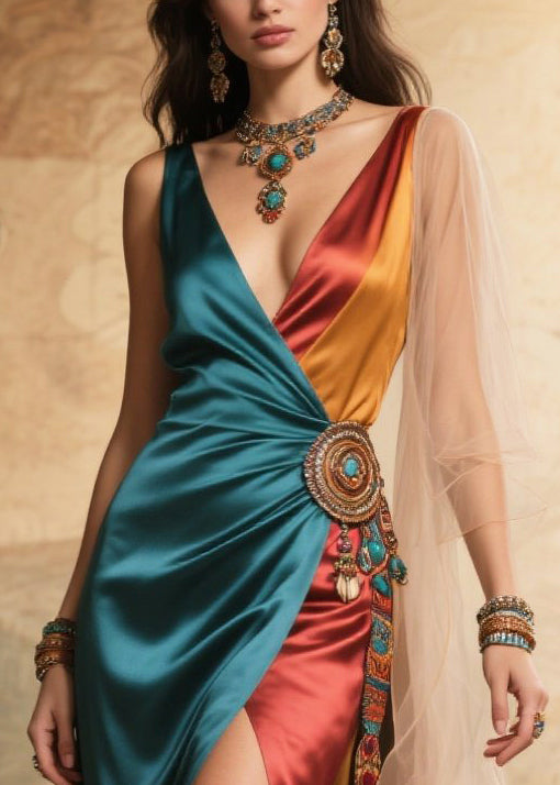 Chic Asymmetrical Patchwork Tulle Side Open Silk Long Dress Summer