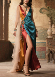 Chic Asymmetrical Patchwork Tulle Side Open Silk Long Dress Summer