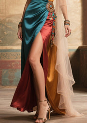 Chic Asymmetrical Patchwork Tulle Side Open Silk Long Dress Summer