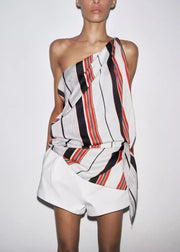 Chic Asymmetrical Striped Tie Waist Shirt Sleeveless