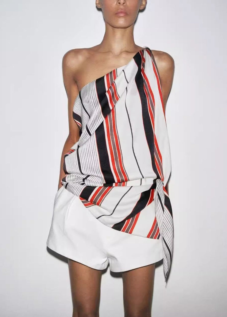 Chic Asymmetrical Striped Tie Waist Shirt Sleeveless