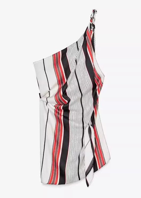 Chic Asymmetrical Striped Tie Waist Shirt Sleeveless