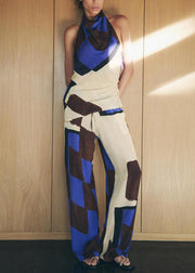 Chic Backless Print Tops And Pants Cotton Two Pieces Set Sleeveless