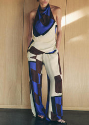 Chic Backless Print Tops And Pants Cotton Two Pieces Set Sleeveless
