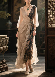 Chic Beige Asymmetrical Patchwork Tasseled Chiffon Dresses Summer