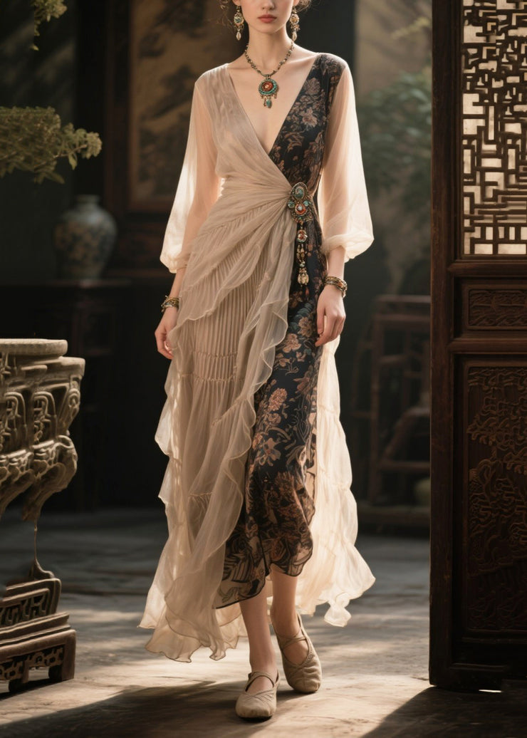Chic Beige Asymmetrical Patchwork Tasseled Chiffon Dresses Summer