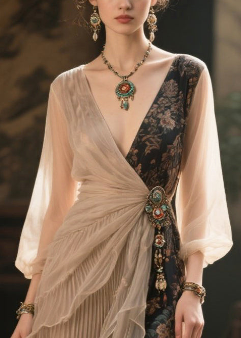 Chic Beige Asymmetrical Patchwork Tasseled Chiffon Dresses Summer