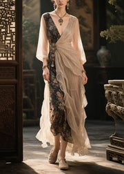 Chic Beige Asymmetrical Patchwork Tasseled Chiffon Dresses Summer