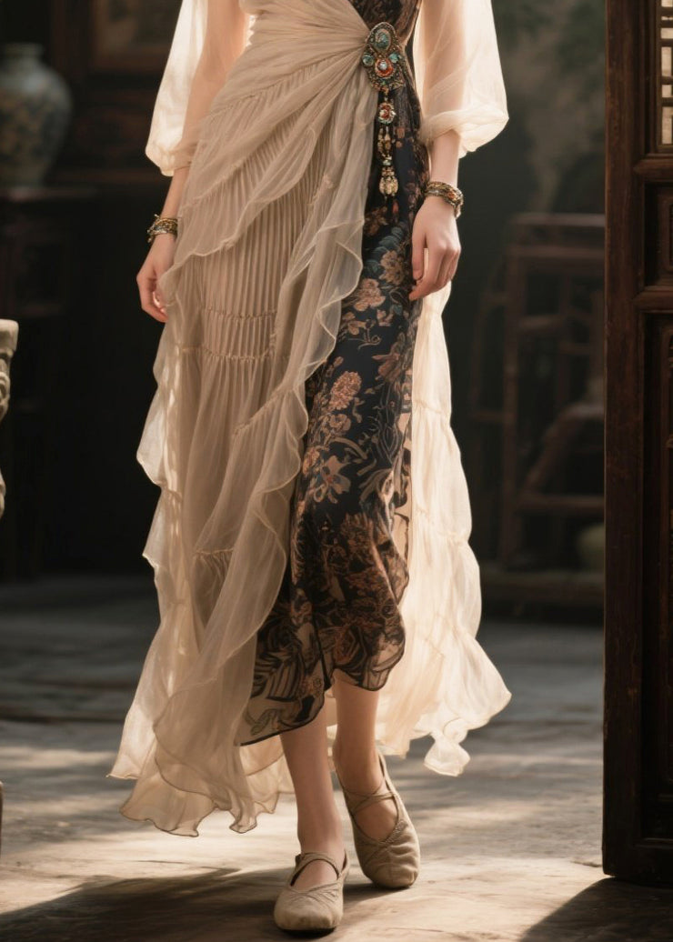 Chic Beige Asymmetrical Patchwork Tasseled Chiffon Dresses Summer