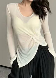 Chic Beige Asymmetrical Wrinkled Ice Silk Yoga Top
