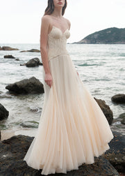 Chic Beige Cold Shoulder Lace Patchwork Tulle Party Dress Sleeveless