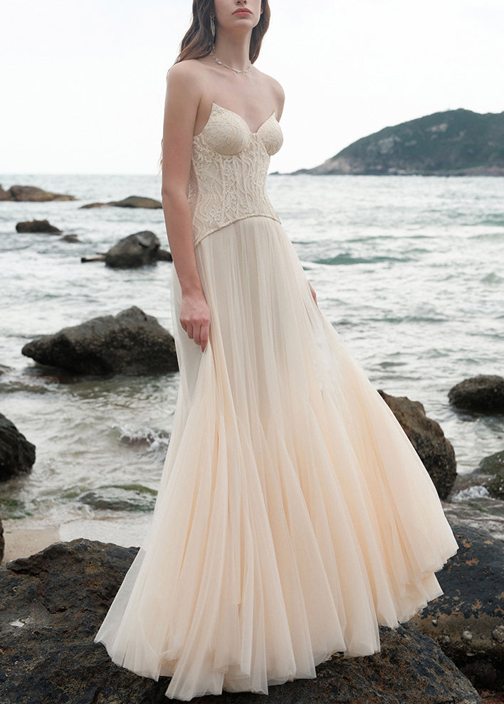 Chic Beige Cold Shoulder Lace Patchwork Tulle Party Dress Sleeveless