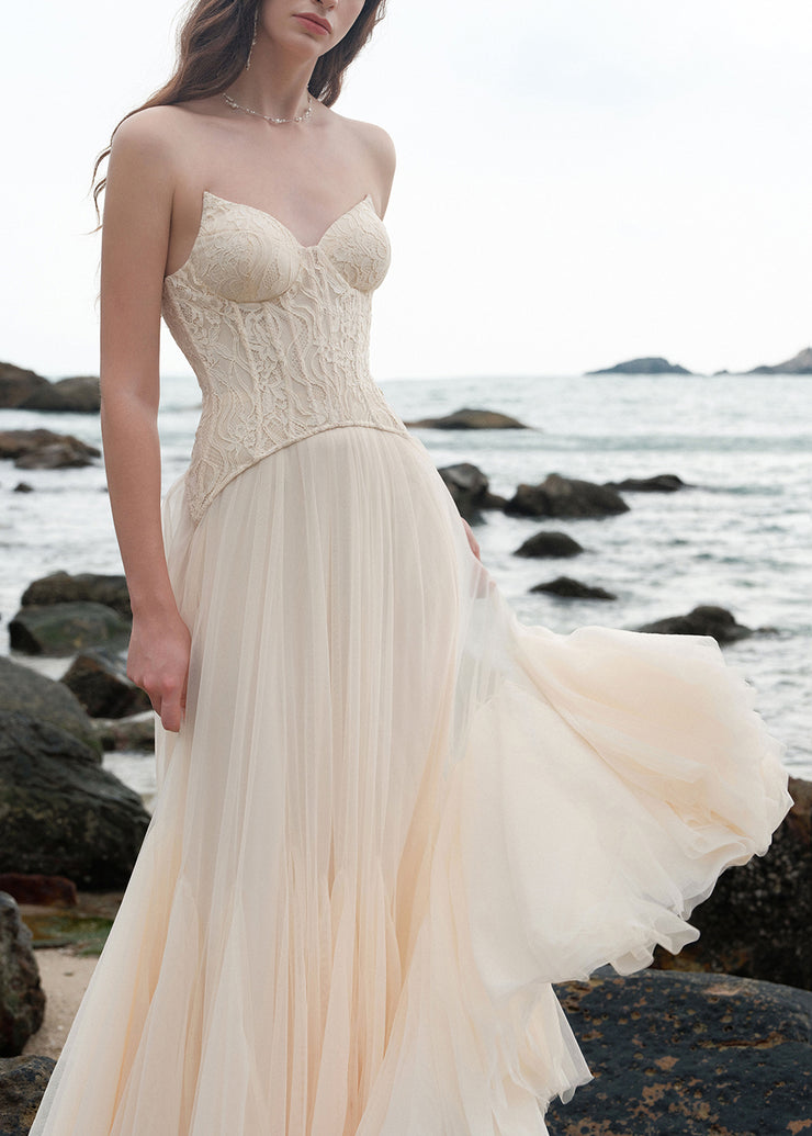 Chic Beige Cold Shoulder Lace Patchwork Tulle Party Dress Sleeveless
