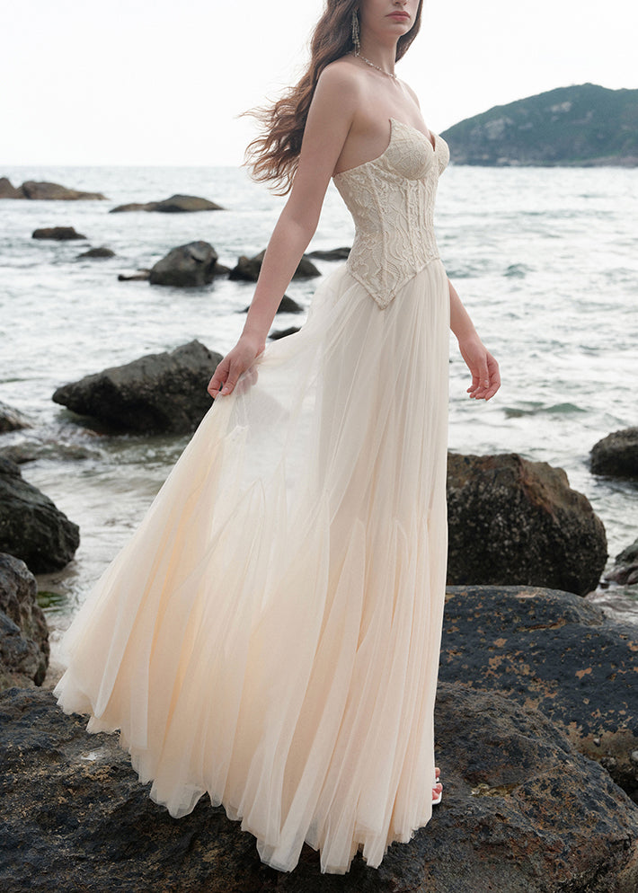 Chic Beige Cold Shoulder Lace Patchwork Tulle Party Dress Sleeveless