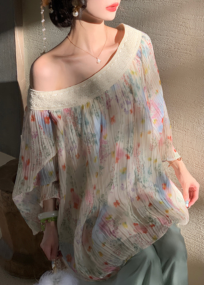 Chic Beige Embroidered Print Wrinkled Chiffon Shirt Fall