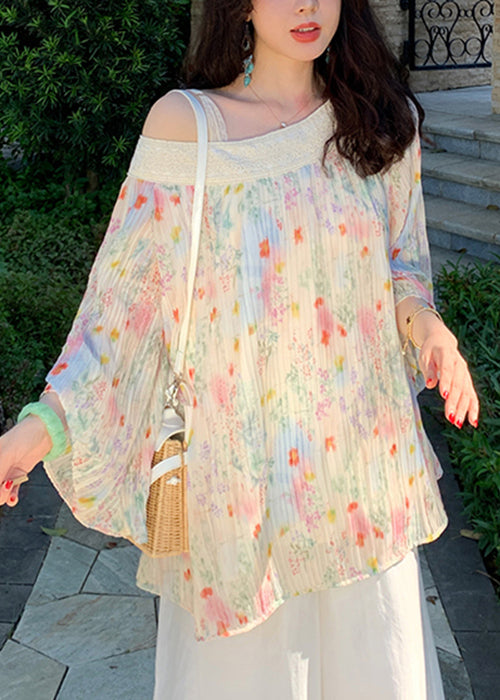 Chic Beige Embroidered Print Wrinkled Chiffon Shirt Fall