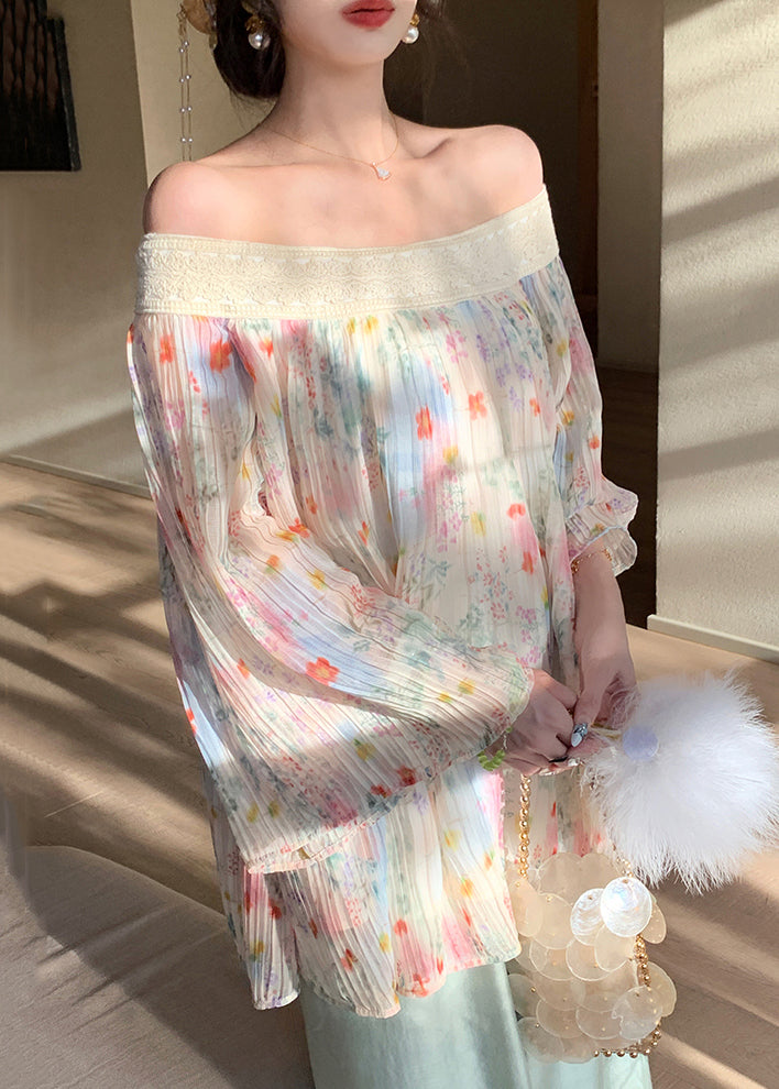 Chic Beige Embroidered Print Wrinkled Chiffon Shirt Fall