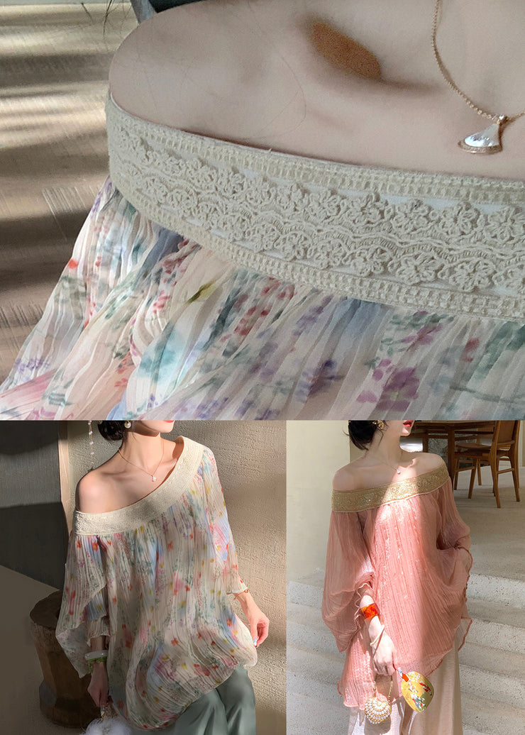 Chic Beige Embroidered Print Wrinkled Chiffon Shirt Fall