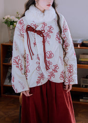 Chic Beige Fur Collar Embroidered Chinese Button Cotton Filled Parka Winter