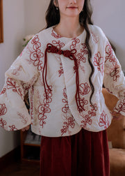 Chic Beige Fur Collar Embroidered Chinese Button Cotton Filled Parka Winter