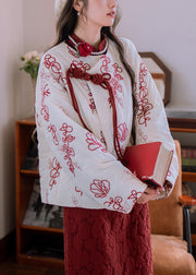 Chic Beige Fur Collar Embroidered Chinese Button Cotton Filled Parka Winter