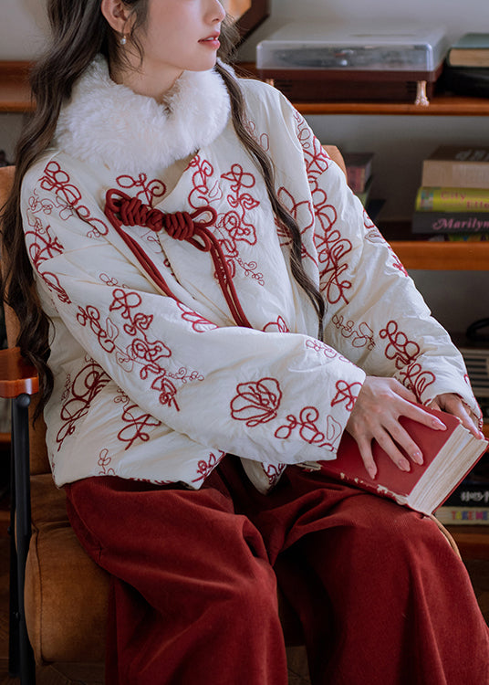 Chic Beige Fur Collar Embroidered Chinese Button Cotton Filled Parka Winter