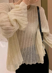 Chic Beige O Neck Knit Sweaters Flare Sleeve