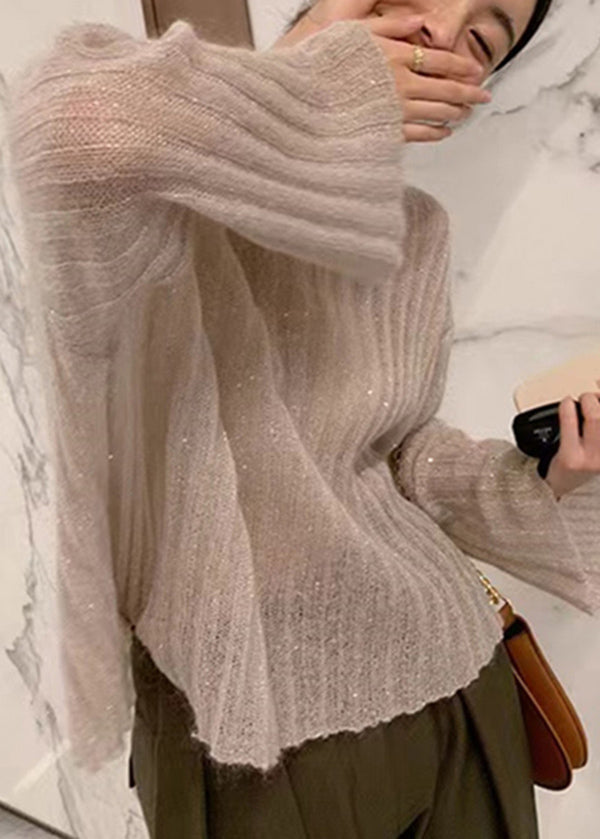 Chic Beige O Neck Knit Sweaters Flare Sleeve