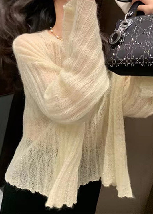 Chic Beige O Neck Knit Sweaters Flare Sleeve