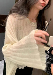 Chic Beige O Neck Knit Sweaters Flare Sleeve