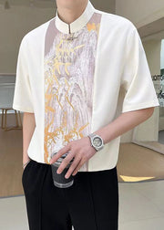 Chic Beige Stand Collar Patchwork Men T Shirt Half Sleeve