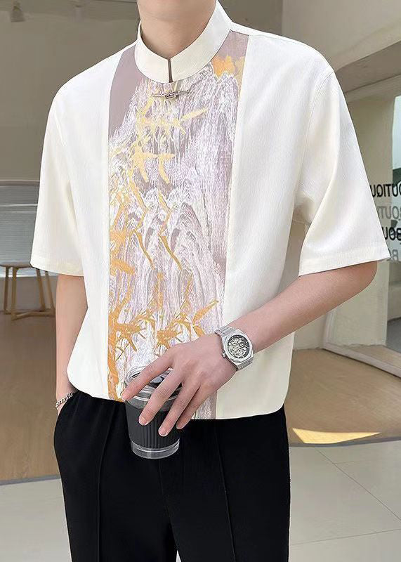 Chic Beige Stand Collar Patchwork Men T Shirt Half Sleeve