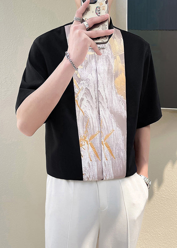 Chic Beige Stand Collar Patchwork Men T Shirt Half Sleeve