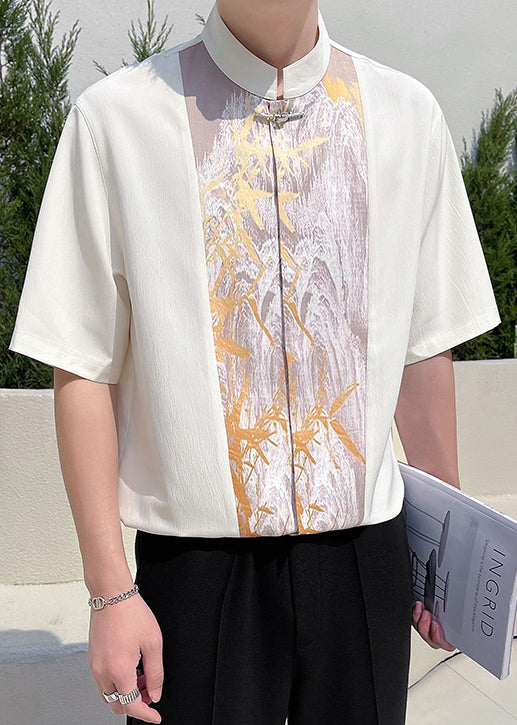 Chic Beige Stand Collar Patchwork Men T Shirt Half Sleeve